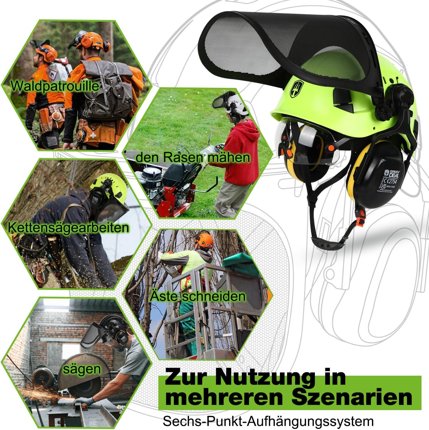 GREEN DEVIL Forestry Chainsaw Safety Helmet EN397 Certified - 5-In-1 System with Mesh Face Protection, Built-In Visor & Earmuffs - Ventilated, for Logging and Gardening - Unisex - Green image number 5
