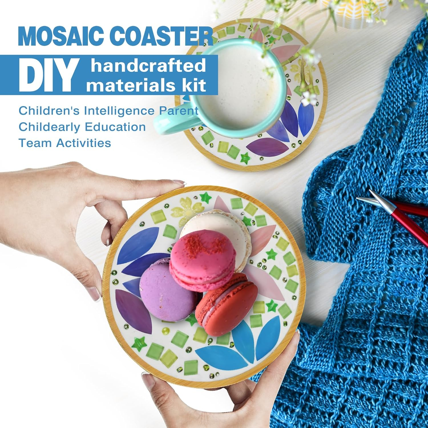 Glass Mosaic Tiles, Mosaic Kit with 6.1 Inch Bamboo Coaster, Crafts for Adults Mixed Colors Mosaic Kit Mosaic Crafts Materials Package Mosaic Supplies for Coaster Handmade Home Decor Gifts (Round 1) image number 6