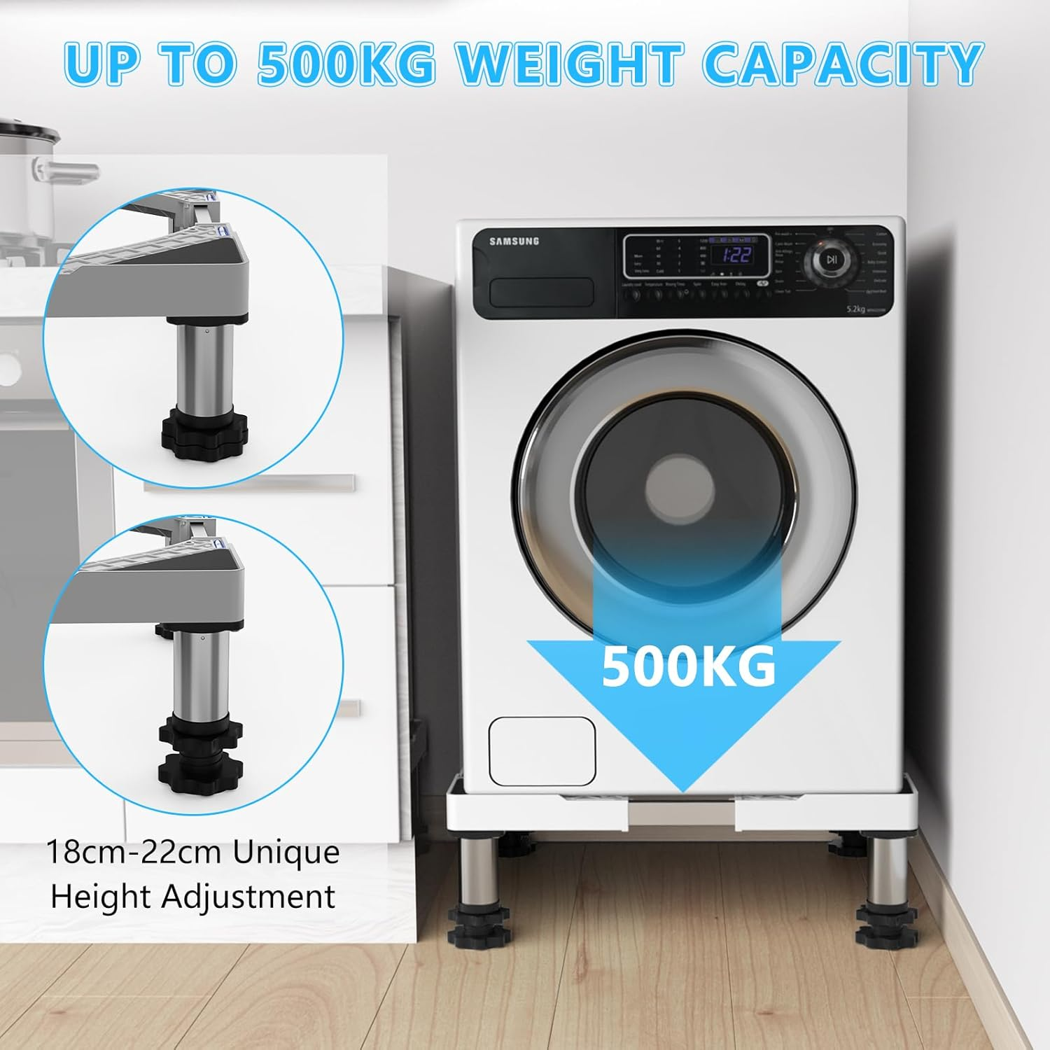 DEWEL Washing Machine Base Bear Load 350Kg Adjustable Washing Machine Base for Fridge Dryer Freezer Length 43-57Cm, Height 15-22Cm image number 3