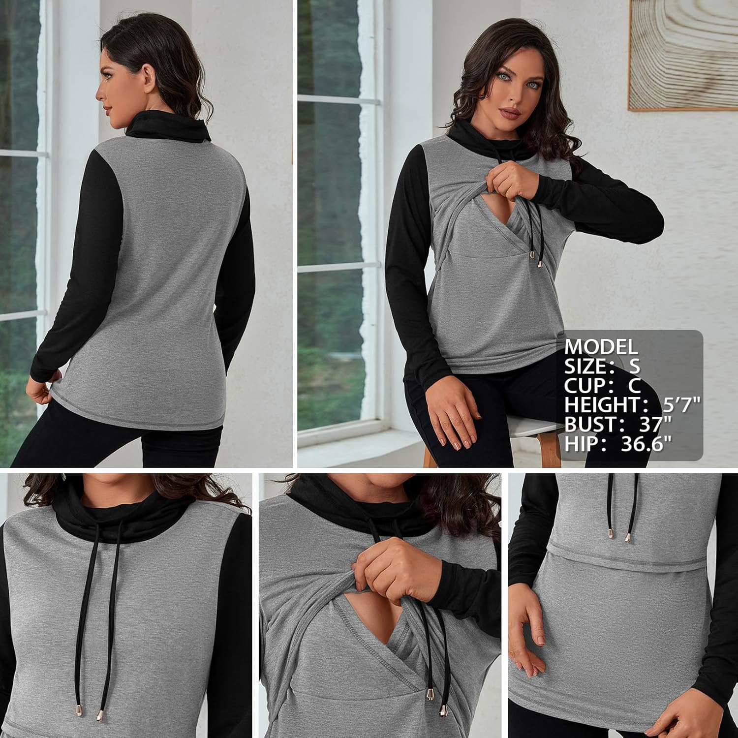 GINKANA Womens Nursing Tops Breastfeeding Sweatshirts Shirts Long Sleeve Drawstring Cowl Neck Nursing Tee Shirts Blouse image number 1