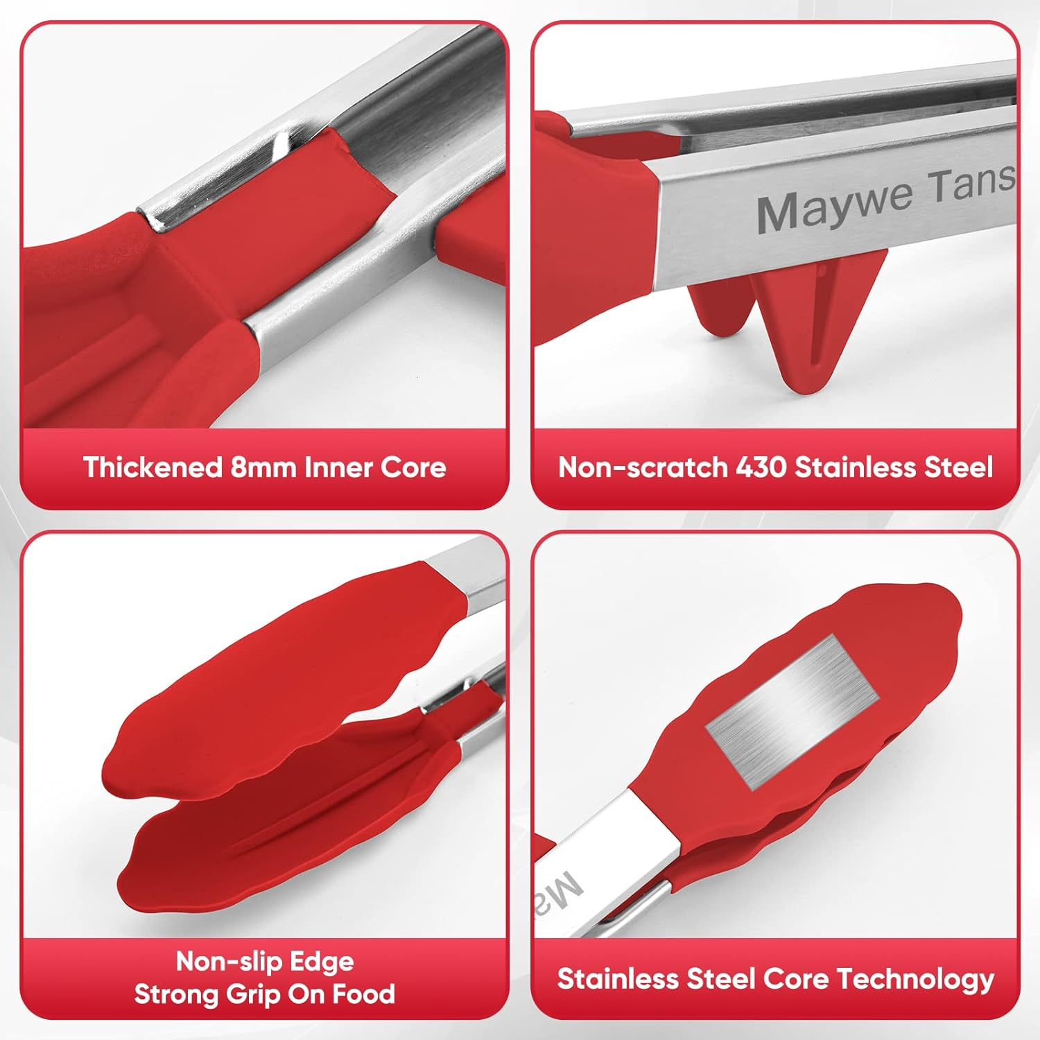 5-Pack Silicone Tongs for Cooking,Maywe Tanso 4PCS 13-Inch Cooking Kitchen Tongs with Silicone Tips,Nonstick Stainless Steel Tongs for Steak Pie Pizza Pasta Spaghetti Salad BBQ Buffet,Plus Brush - Red image number 2