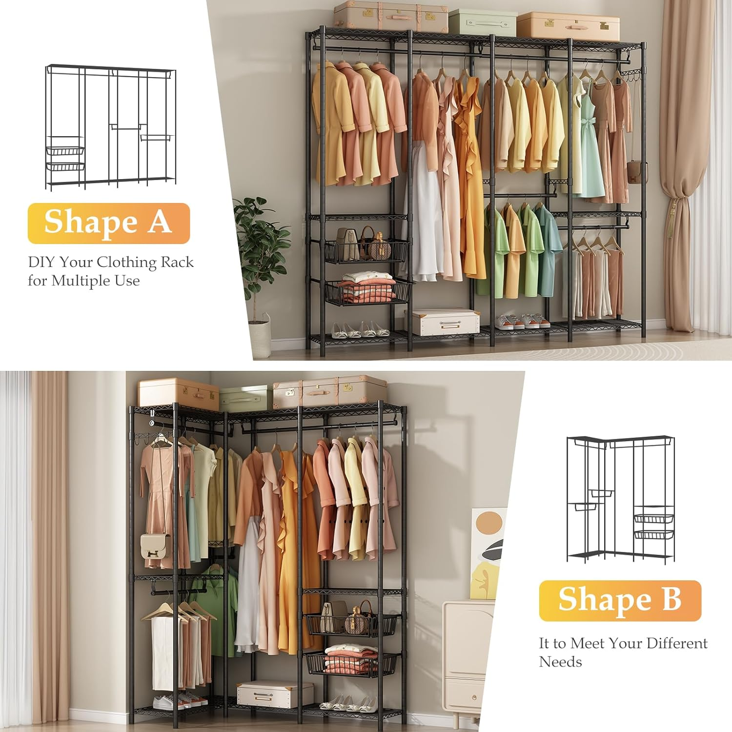 Clothes Rack Heavy Duty Clothes Rails, Metal Garment Rack Freestanding Portable Wardrobe Closet Rail with 2 Slid Baskets for Hanging Clothes Wire Clothing Rack, 192.5 X 45 X 195 Cm, Black image number 6
