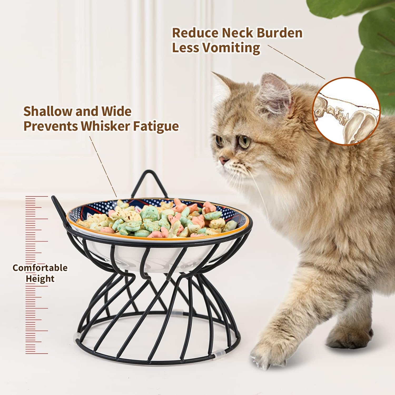 Raised Ceramic Cat Food Bowl - Elevated Cat Dish with anti Slip Stand - Wide Shallow Cat Bowl Whisker Friendly - Cute Cat Plate - Cat Feeding Bowls - Microwave and Dishwasher Safe - 8.5 Oz - 5.75 Inch image number 3