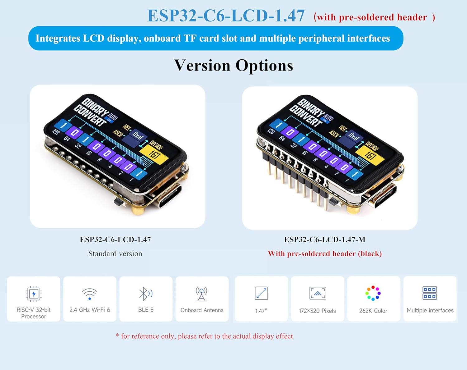 ESP32-C6 1.47Inch Display Development Board,172X320, 262K Color, 160Mhz Running Frequency Single-Core Processor, Support W-If-I & BLE, with Colorful RGB LED, with Pre-Soldered Header image number 4