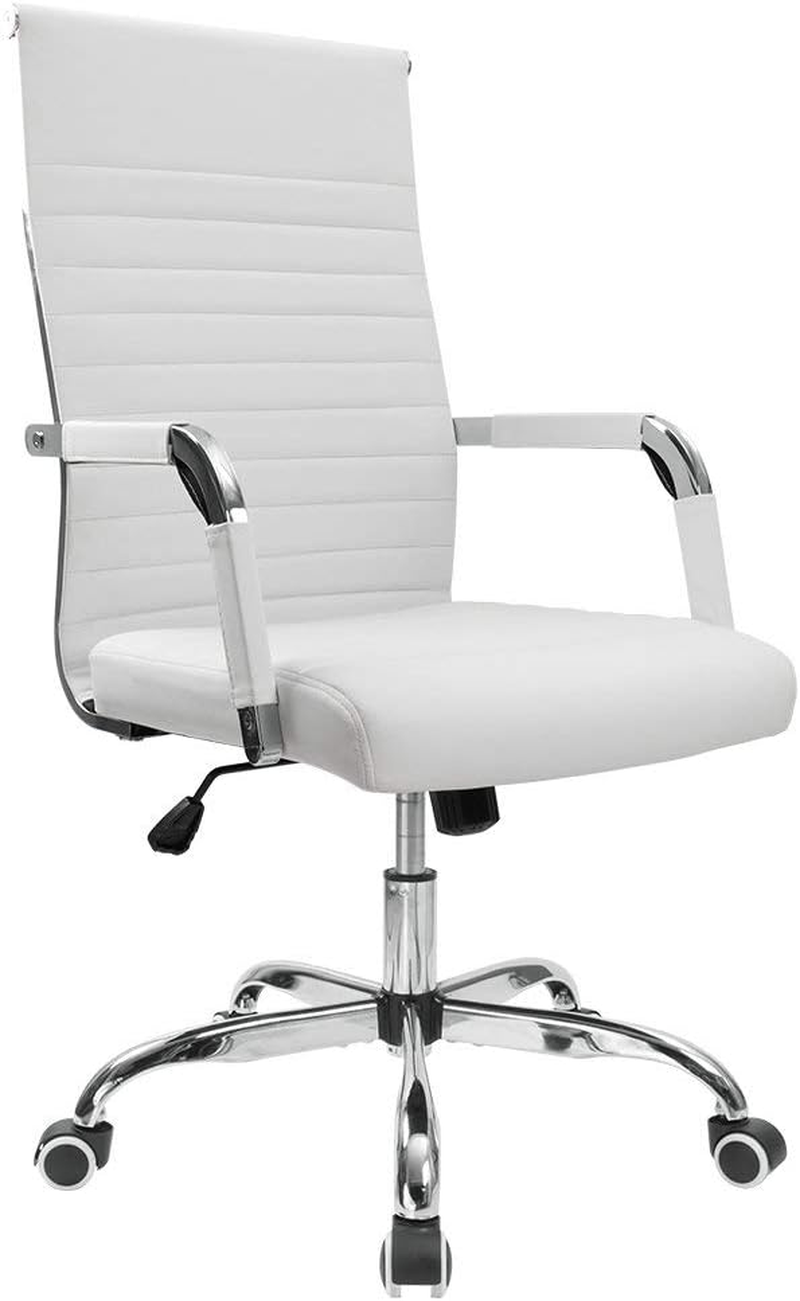 Ribbed Office Desk Mid-Back Pu Leather Executive Conference Task Adjustable Swivel Chair with Arms, White - Grey image number 5