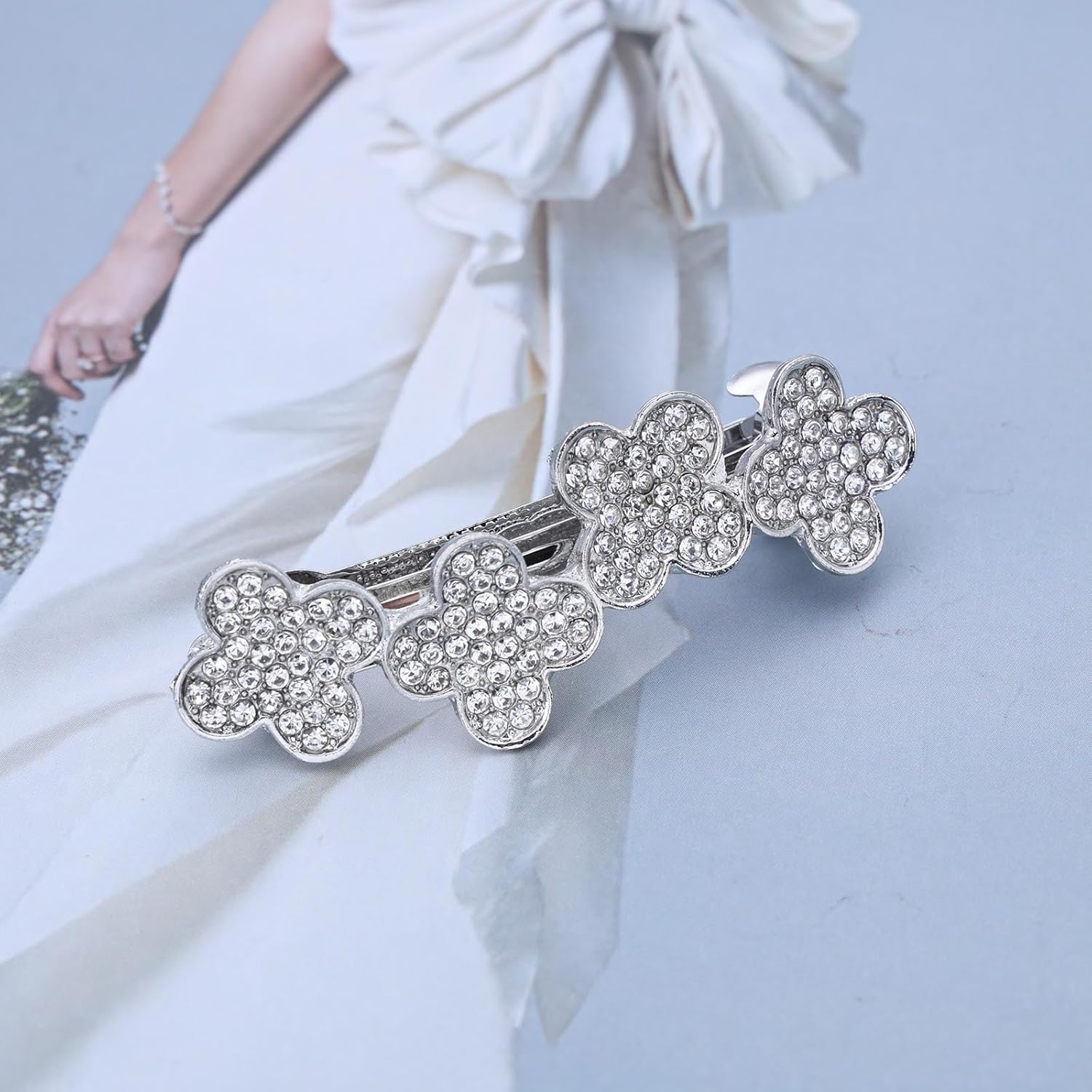 Wendalern Boho Rhinestone Flower Hair Clip Crystal Floral Cluster Hair Pin Clip Silver Four-Leaf Clover Non-Slip Metal Hair Clips Wedding Headwear Hair Styling Accessories for Women image number 1