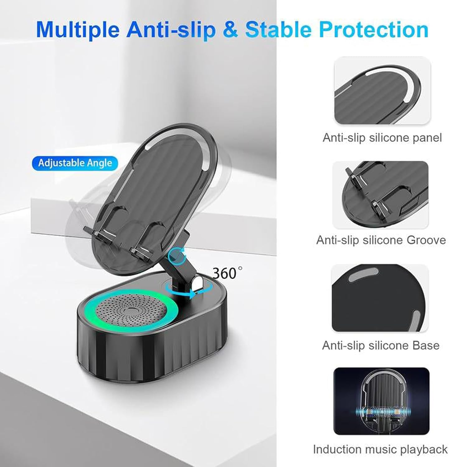 Mobile Phone Stand with Induction Speaker/Power Bank/Atmosphere Light, Bluetooth Speaker with Mobile Phone Stand, Foldable Mobile Phone Holder with LED Light, Gifts for Women and Men (White) image number 5