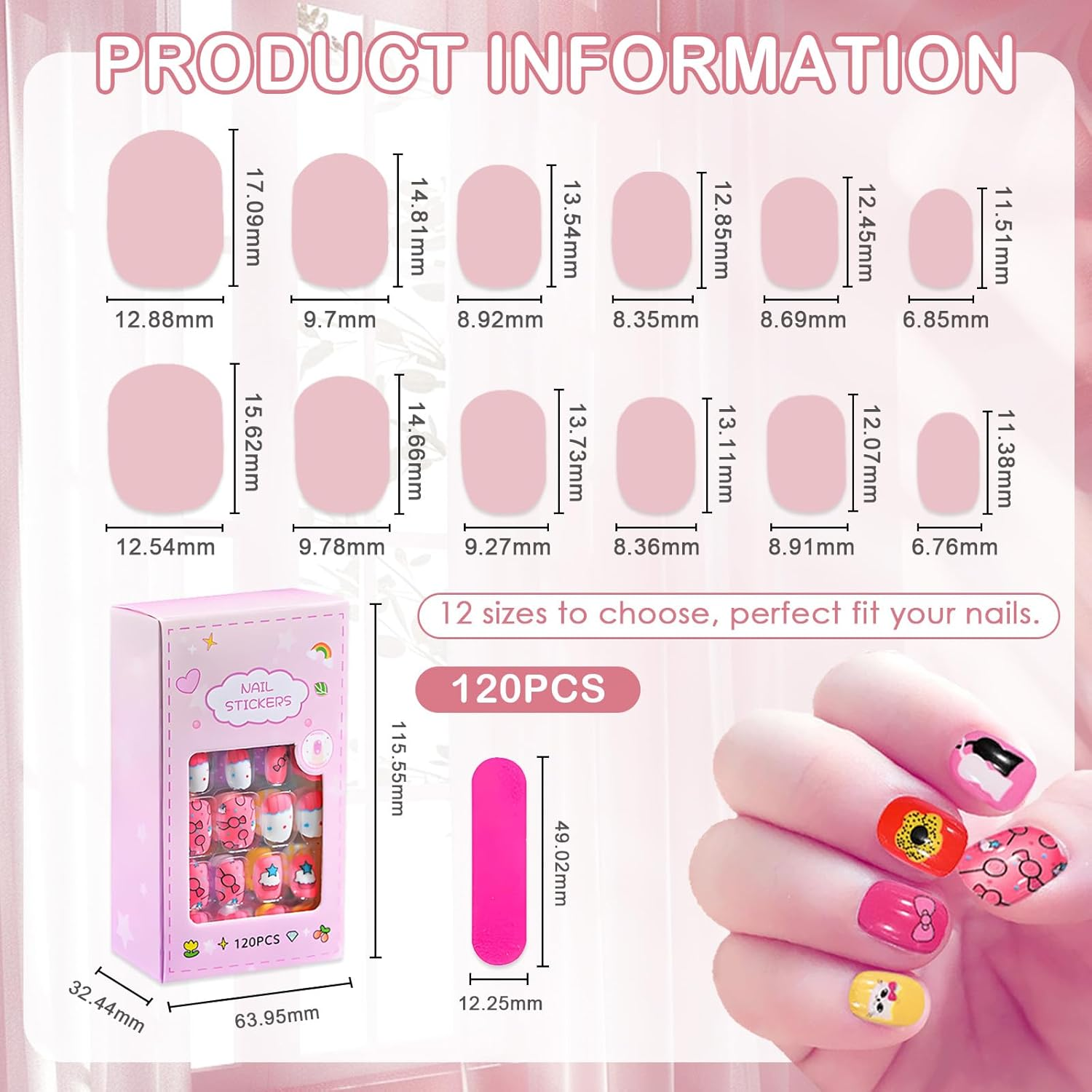 120Pcs Press on Nails for Girls, Full Cover Fake Nail Tips Kit Pre Glue Short Stick on Nails for Children Little Girls Nail Art Decoration (A Pattern) - C Kit image number 6