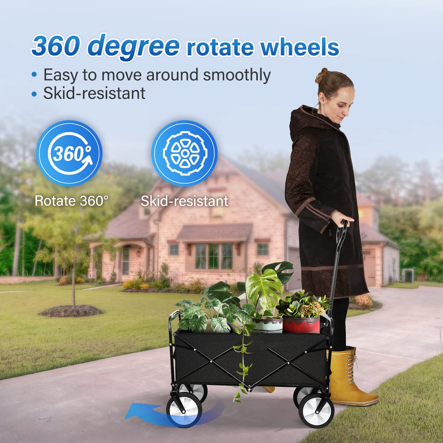 YSSOA Rolling Folding & Rolling Collapsible Garden Cart, Outdoor Camping Wagon Utility with 360 Degree Swivel Wheels & Adjustable Handle, Black 220Lbs Weight Capacity