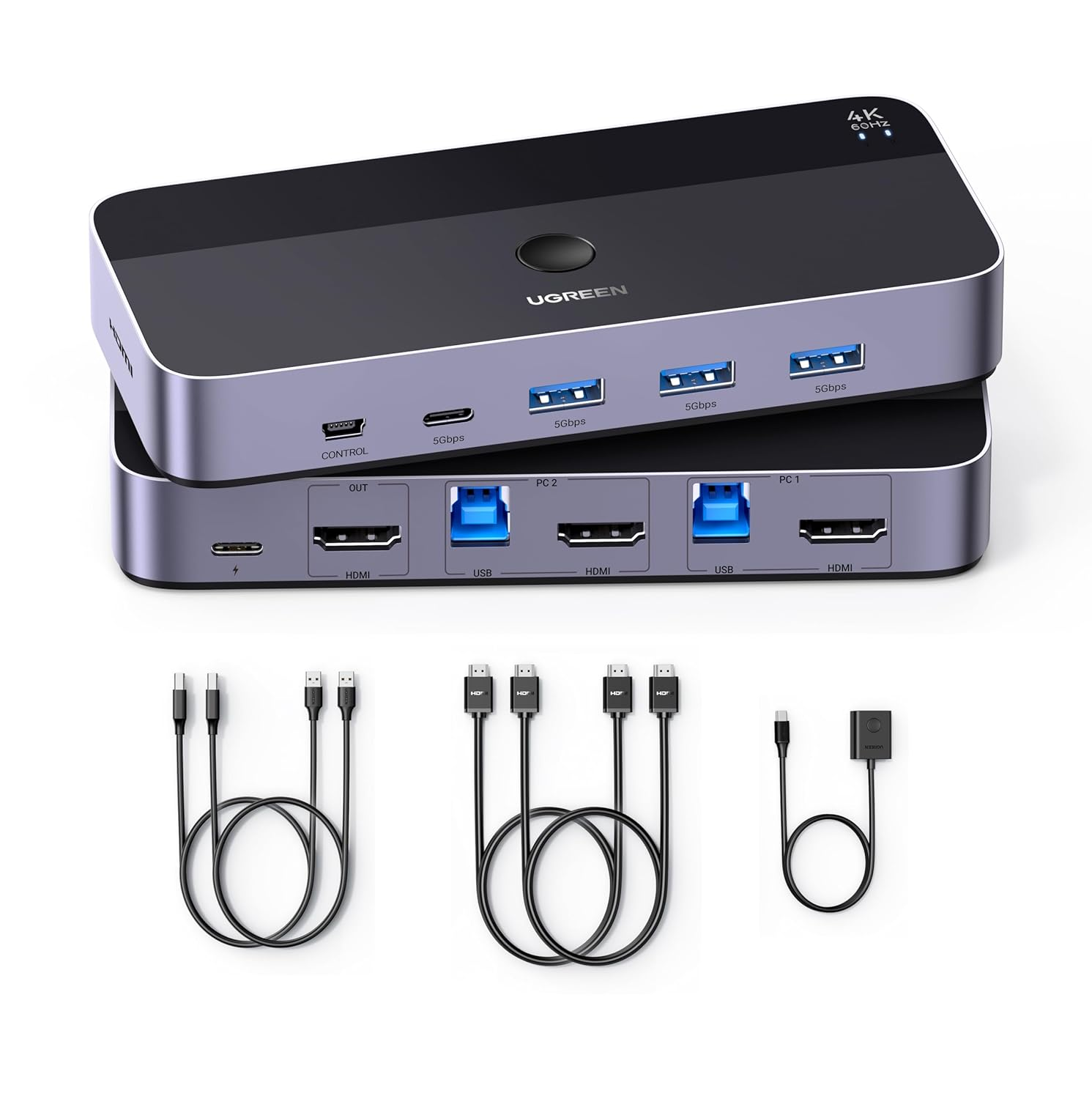 UGREEN USB 3.0 KVM HDMI Switch 4K@60Hz High-Speed Transmission Share 3 USB + 1 Type-C Ports for Keyboard Mouse Hard Drives Printer to One Monitor with 2 USB Cables and 2 HDMI Cables image number 6
