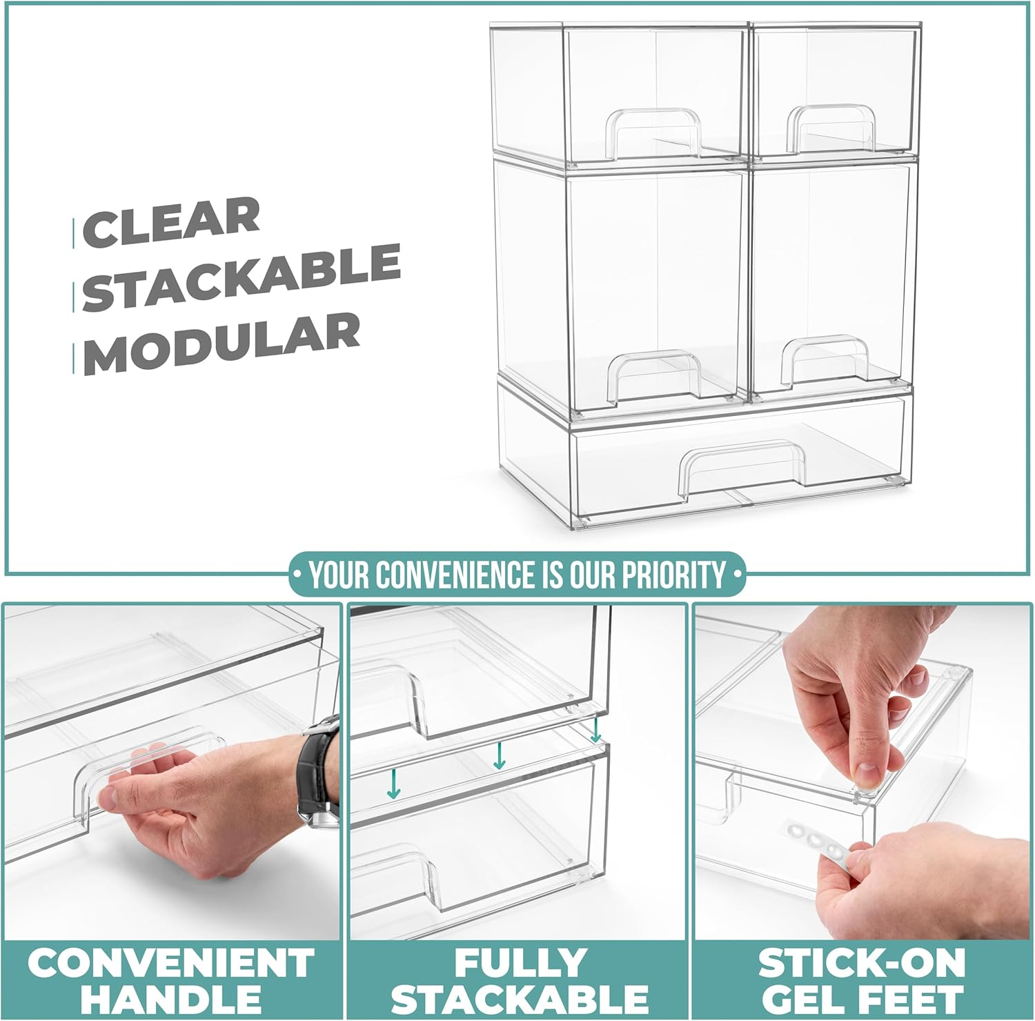 Sorbus Acrylic Storage Containers - 5 Pack, Stackable Storage Bins Set for Bathroom Organization - Clear Acrylic Drawer Organizers - Makeup Case Pull-Out Drawers (7.6&rsquo;&rsquo; and 4.4&rsquo;&rsquo; Tall and 12.1&rsquo;&rsquo; Wide) image number 1