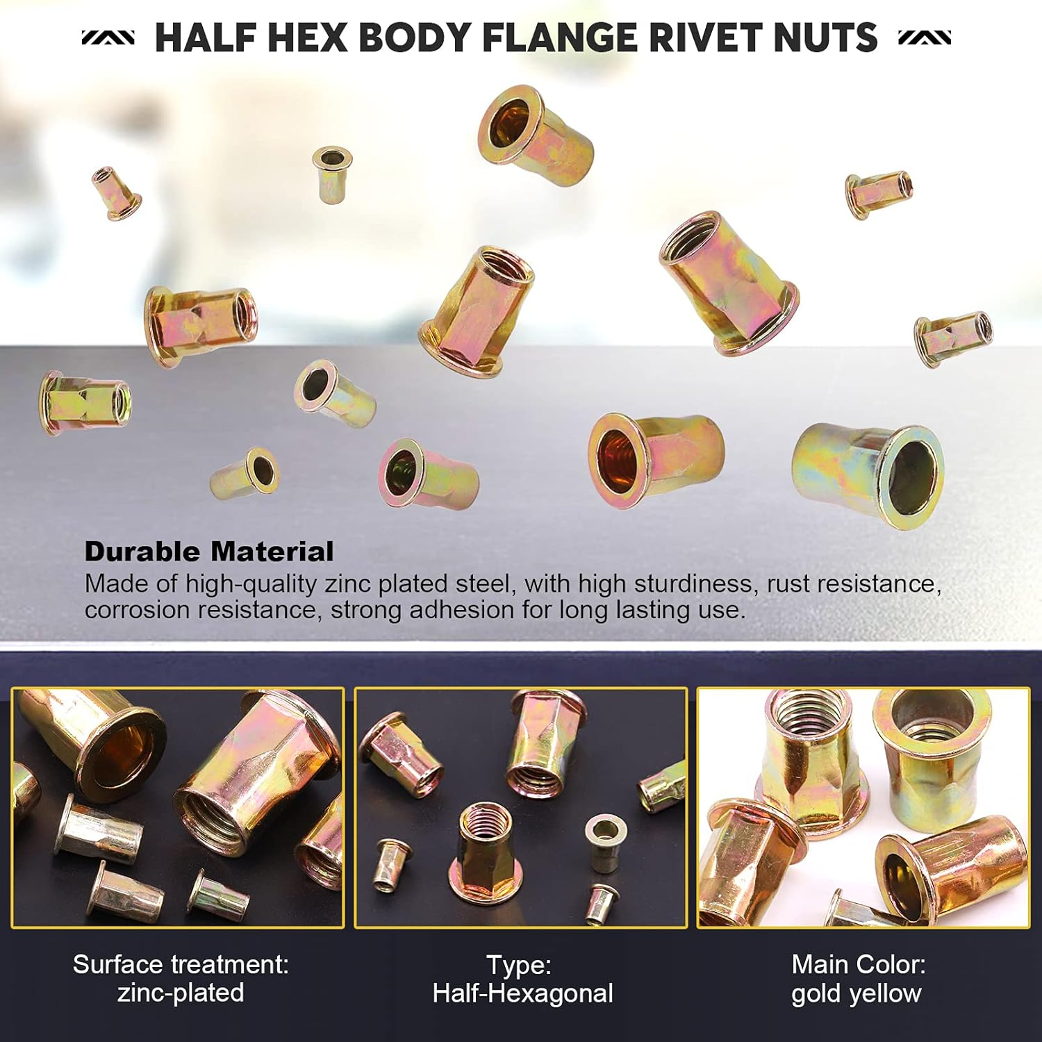 Mardatt 60Pcs M8 Metric Hex Rivet Nut Assortment Kit, Zinc Plated Carbon Steel Hex Rivnut Flat Head Threaded Insert Nutserts image number 2