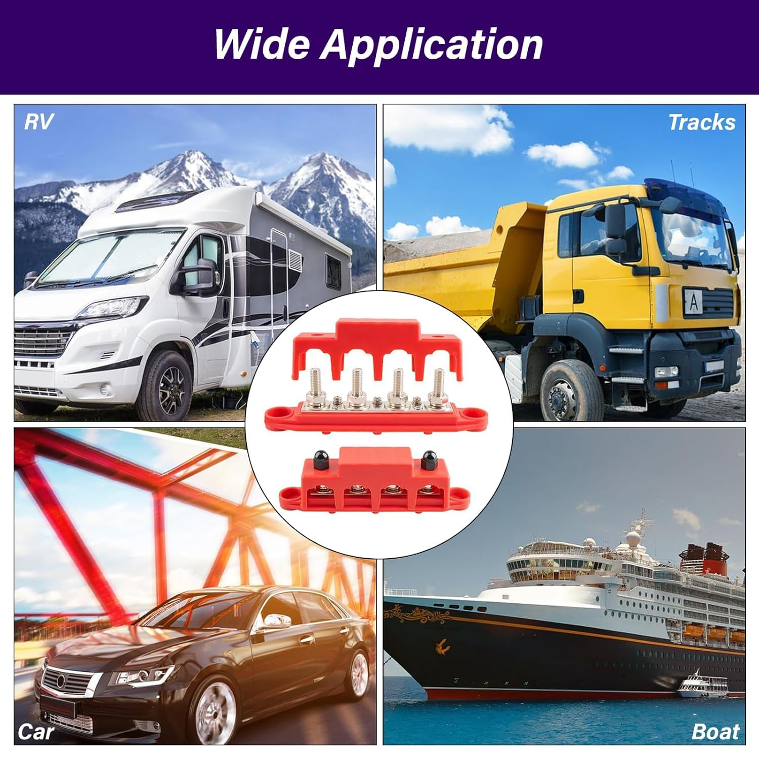 Power Distribution Block Bus Bar 12V 250A with 4 X 5/16" Studs Marine Bus Bar 12 Volt Battery Busbar Terminal Block for Automotive, Car, Boat, Solar Wiring(M8)