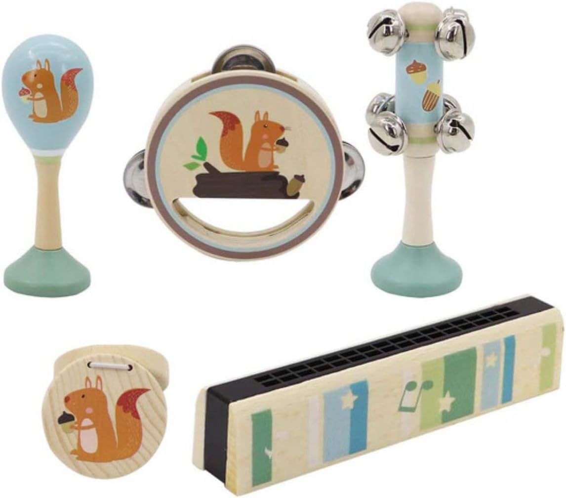 Kaper Kidz Calm & Breezy Squirrel Wooden 5PCS Musical Set : 5 Piece Baby Music Gift Set