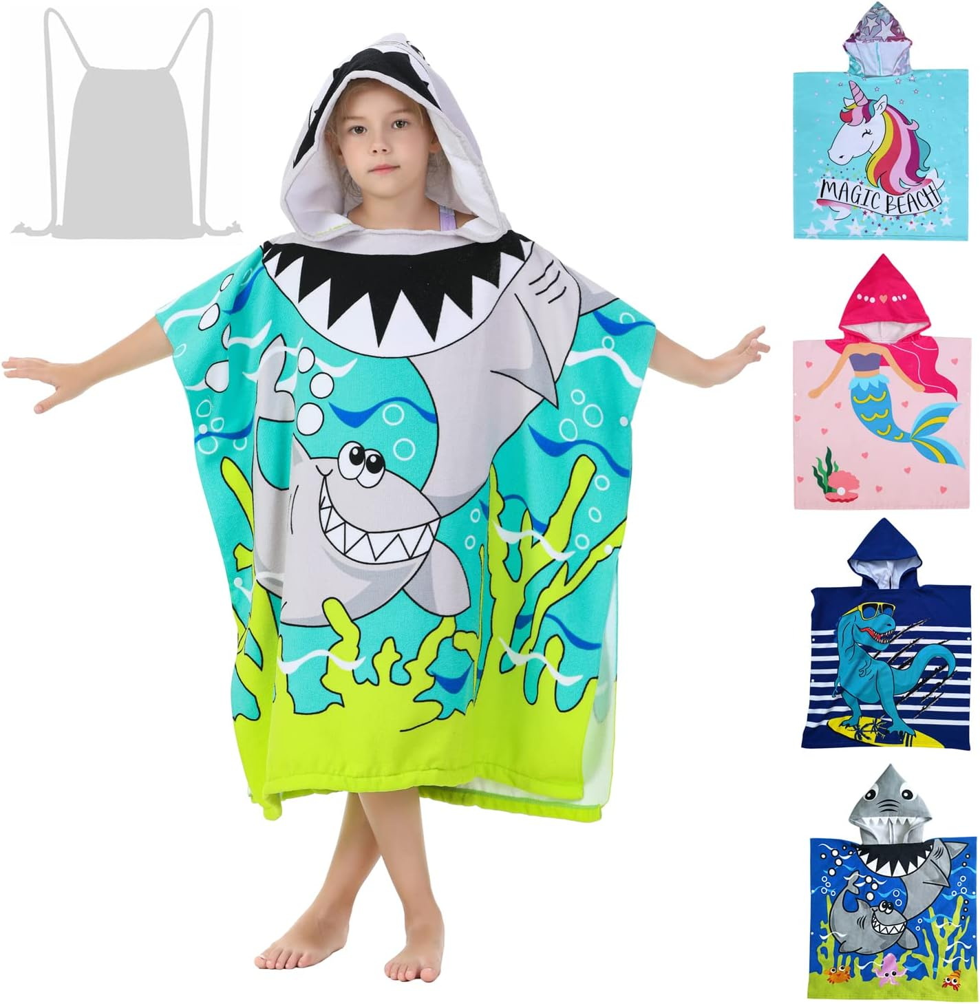 Athaelay Unicorn Design Poncho Towel for Girls Ultra Soft Swimsuit Cover-Ups with Drawstring Bag for 3 to 10 Years Kids Bath Beach and Pool