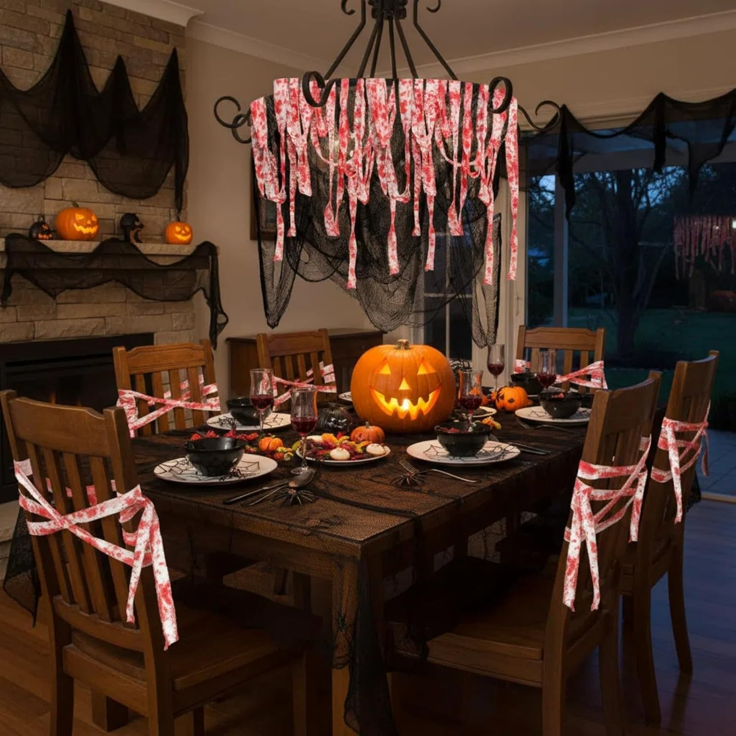 Halloween Decorations Large Spooky Black Creepy Cloth for Halloween Outdoor Indoor Decor, Bloody Creepy Gauze for Haunted House Window Wall Door Decor (215X600Cm)