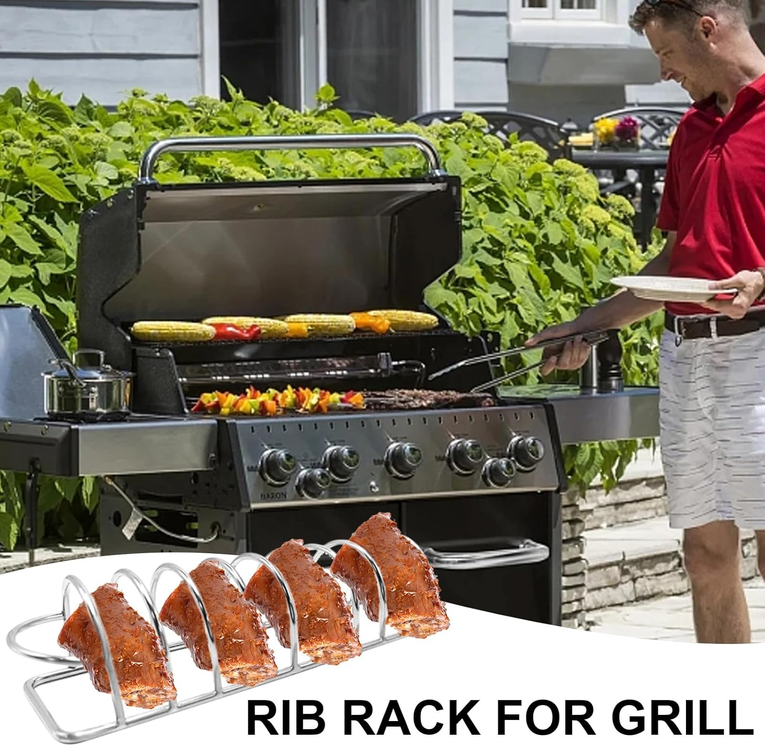 Non-Stick Rib Rack Pork for Smoker - Gas Smoker or Charcoal Grill, Holds up to 5 Baby Back Ribs, Roasting and Rib Holder Stainless Steel - Official Accessory, Compatible with Ninja image number 3