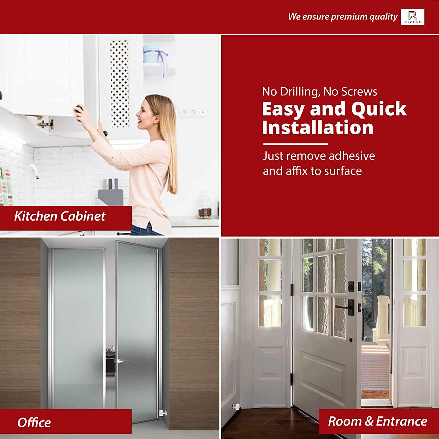 2-Pack Door Stops with Extra Stickers, Self-Adhesive Door Stopper with White Rubber & Stainless Steel Body - Heavy Duty Sound Dampening Door Bumpers for Home & Office Use image number 2