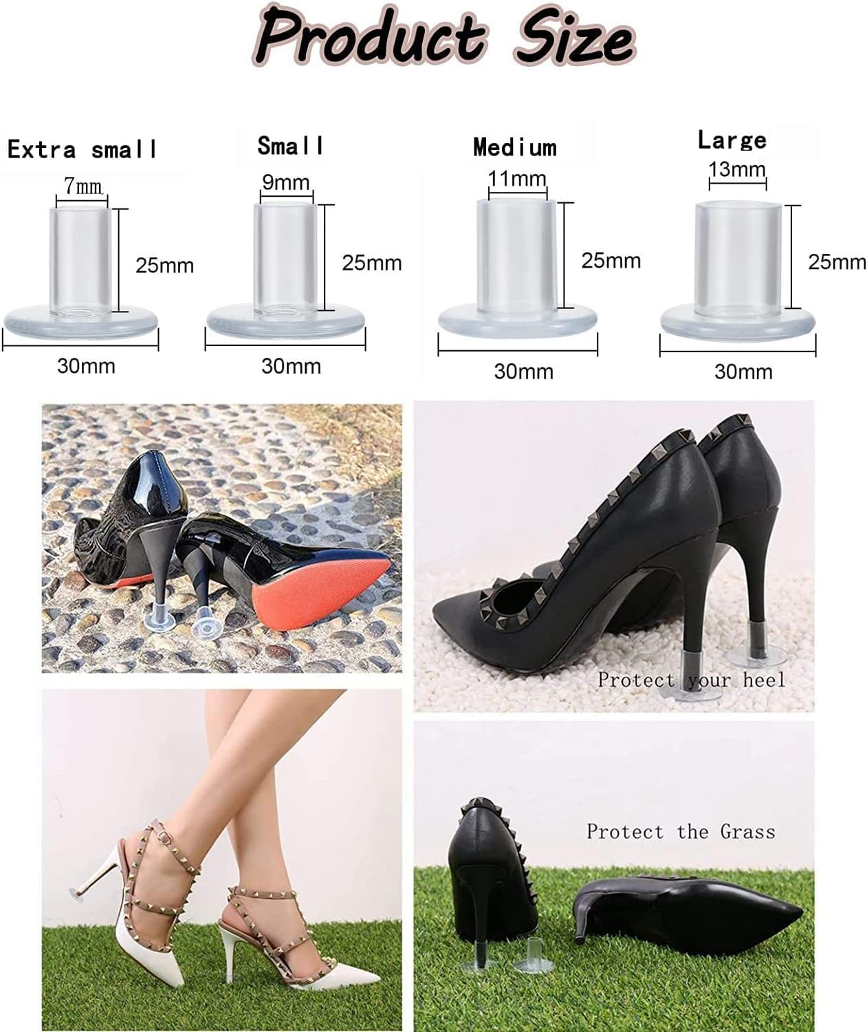 20 Pairs High Heel Protectors for Shoes Women, 4 Sizes High Heel Stoppers, Protecting Shoe Heels, Grass Heel Protector, Heel Repair Caps Covers for Wedding, Outdoor Activities (Transparent) image number 5