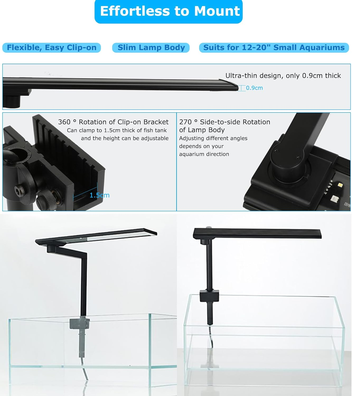 Zingbabu Aquarium Light, 30-50CM 20W Full Spectrum LED Clip on Fish Tank Light, 270&deg; Rotation Fish Lamp, Exclusive for 2-15 Gallon Fish Tanks, Freshwater Aquarium Lights for Plants image number 1