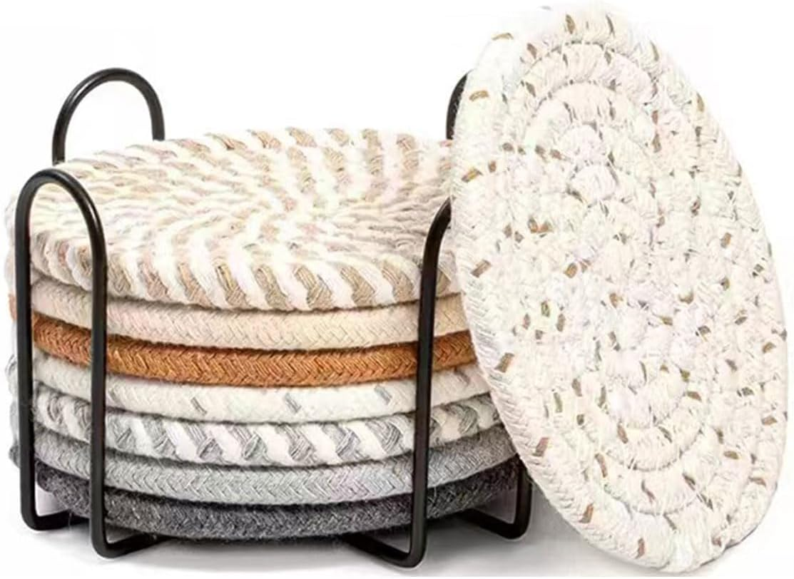 AIMALL 8PCS Nordic Cotton Rope Coasters, round Woven Insulation Mats, Thick Heat-Resistant Placemats for Kitchen and Dining, 3 Styles, 7.3 Inches