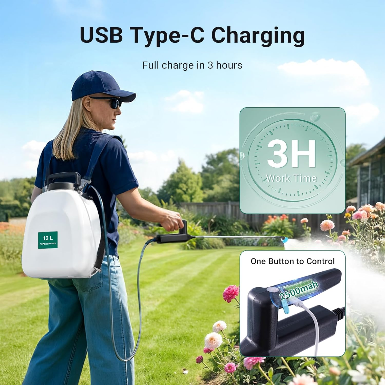 LIWEGHT 12L Battery Powered Backpack Sprayer, 2500Mah USB Rechargeable Electric Garden Sprayer, 5 Adjustable Mist Nozzles, Telescopic Wand for Lawn, Yard & Weed Control image number 2