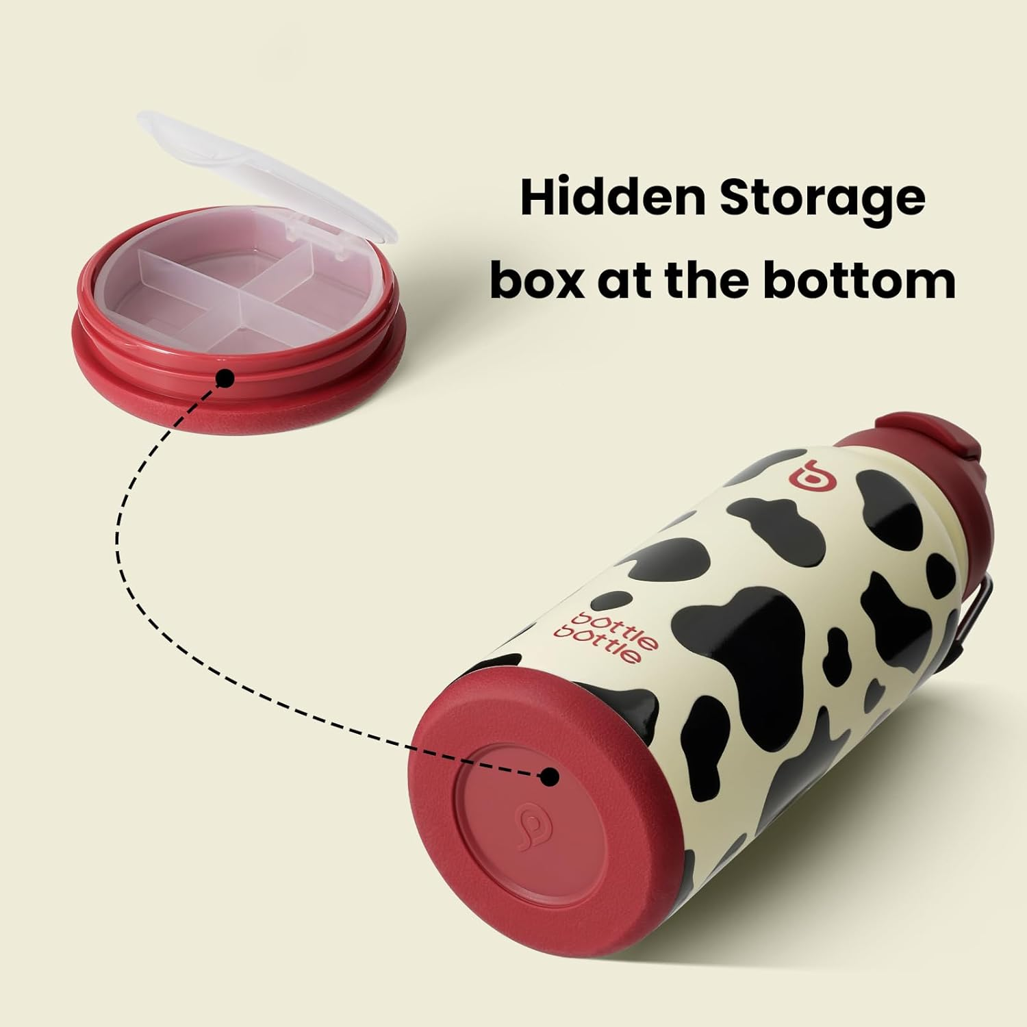 BOTTLE BOTTLE 32 Oz Insulated Water Bottle Stainless Steel Sport Water Bottle with Straw Dual-Use Lid Design for Gym with Pill Box (Cow) image number 2