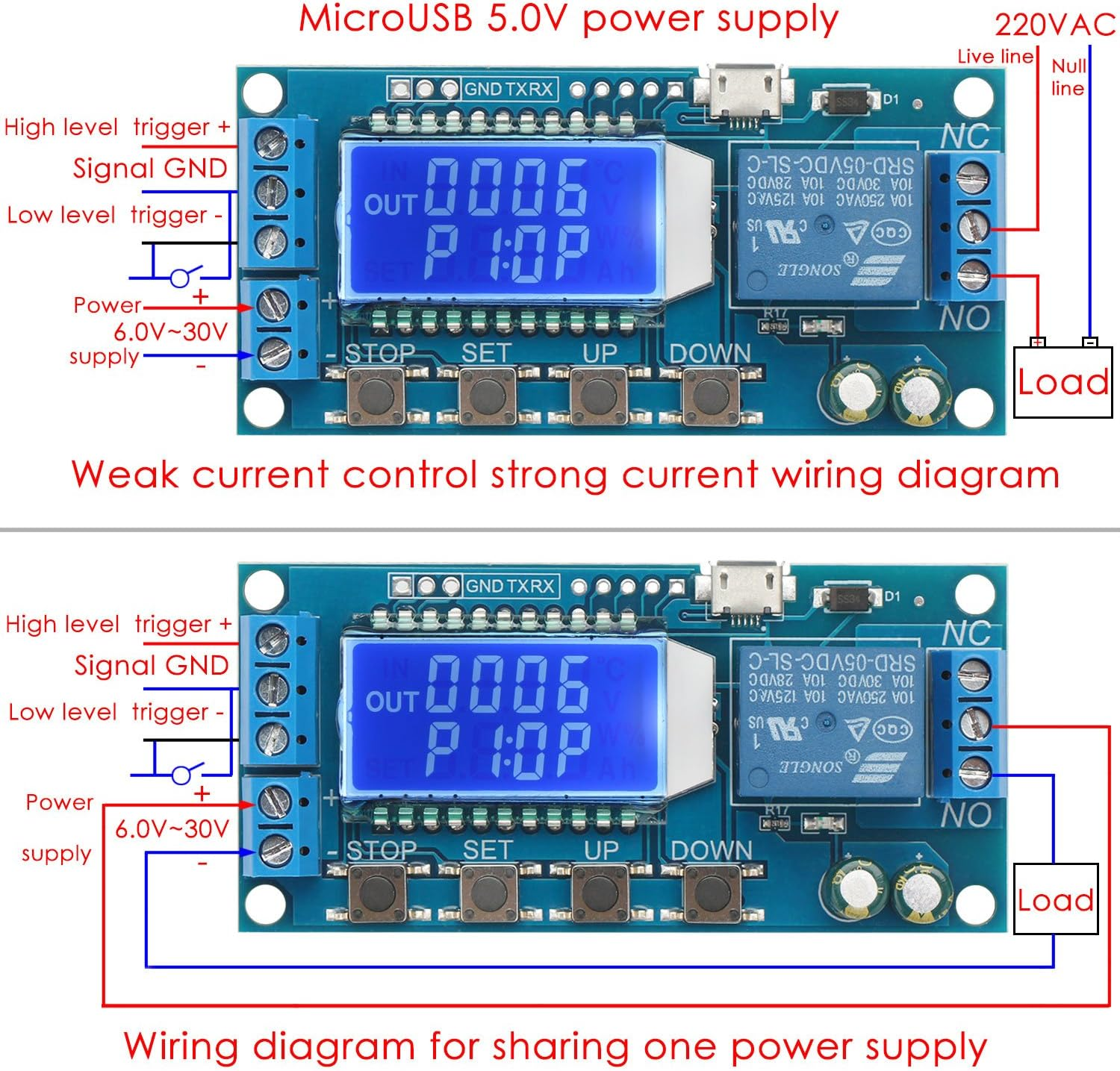 Timer Relay, DROK Time Delay Relay 5V 12V 24V Delay Controller Board Delay-Off Cycle Timer 0.01S-9999Mins Trigger Delay Switching Relay Module with LCD Display Support Micro USB 5V Power Supply - Blue image number 2