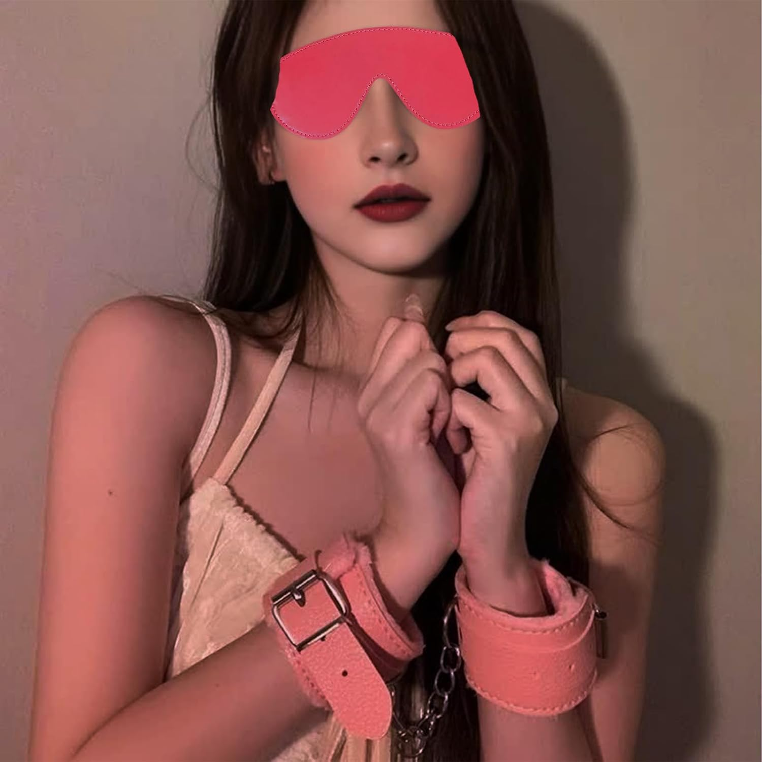 Sex Toys Sexy Cosplay Plush Handcuffs and Blindfold Set - Soft PU Leather Handcuffs for Bed, Couples Party Supplies for Lovers, Adjustable and Comfortable Restraints for Intimate Moments image number 3