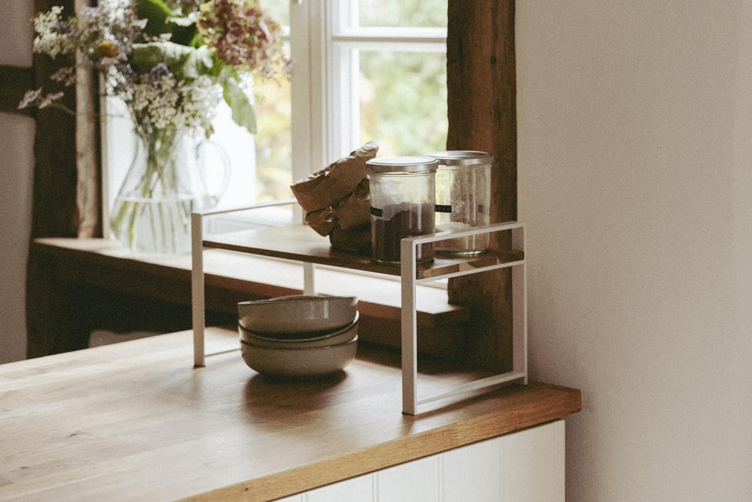 WENKO Louisa Kitchen Shelf Small Kitchen Shelf for Worktop, Acacia Wood and Metal, Creates More Storage Space in the Kitchen, 40 X 20 X 20 Cm, White image number 5