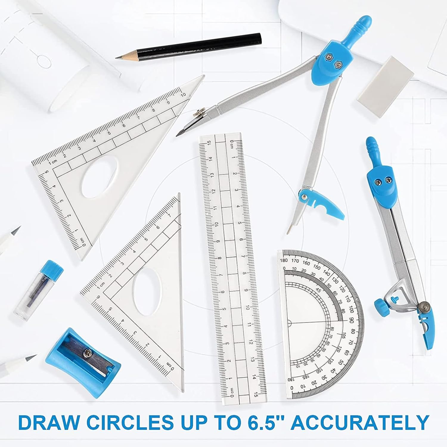Math Geometry Kit Sets 10 Piece Student Supplies with Shatterproof Storage Box, Includes Rulers, Protractor, Compass, Eraser, Pencil Sharpener, Lead Refills, Pencil, for Drafting and Drawings