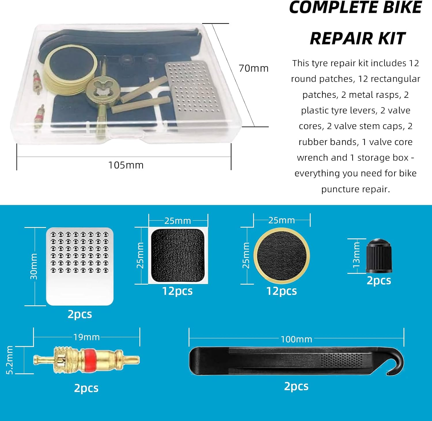 Luojinluoda 35Pcs Tyre Puncture Repair Kit Bicycle, Self-Adhesive Tyre Repair Kit - Complete Bike Tool Kit with Puncture Repair Patches, Metal Rasp & Storage Box for Road/Mountain Bike Inner Tyre image number 2