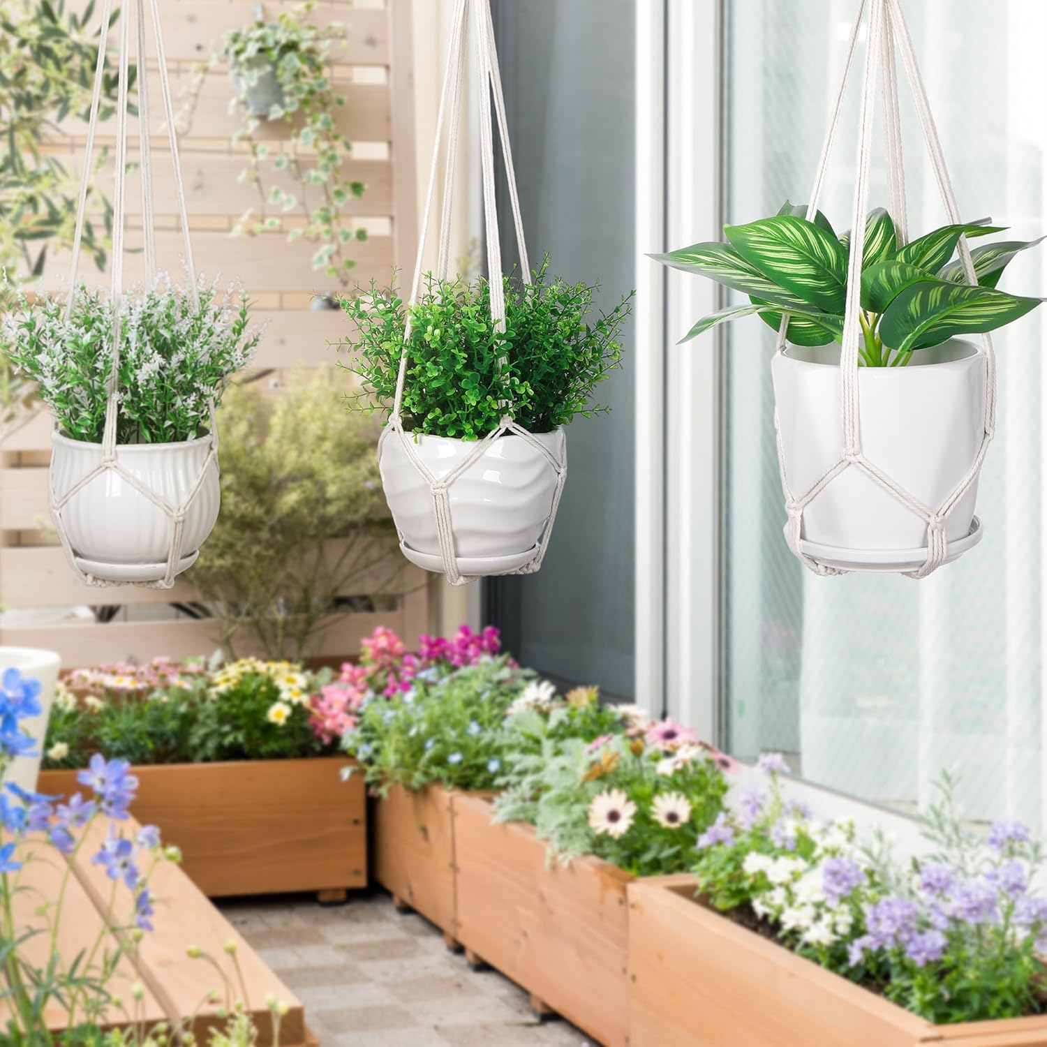 YIBOT 3 Pack Macrame Plant Hanger Indoor Hanging Planter Basket with 3 Hooks, 35"/29"/23" Crochet Plant Holder Stand No Tassels for Indoor Outdoor Boho Home Decor, Ivory (POTS NOT Included) - Black image number 6