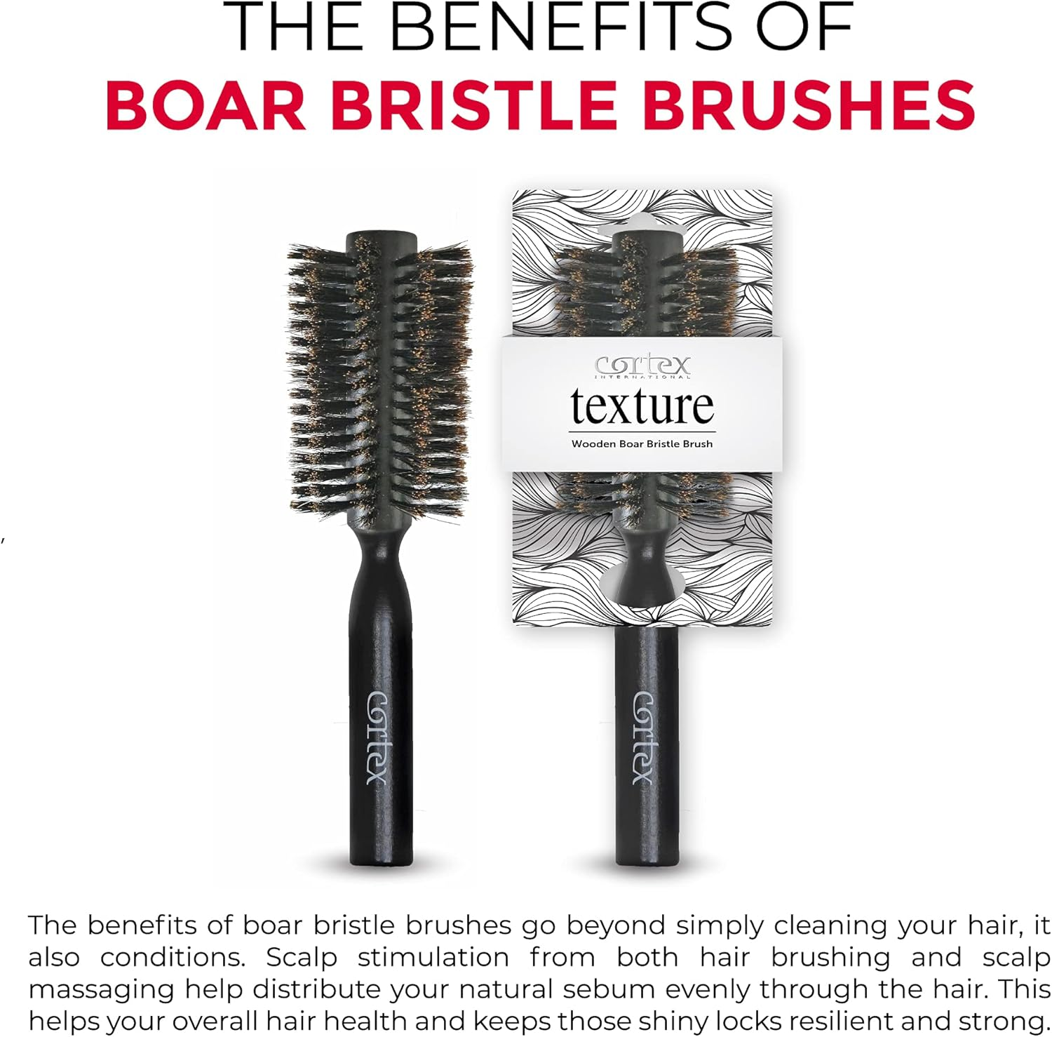 Cortex Professional 100% Boar Bristle round Hair Brush, for Women and Men, for All Hair Types, Natural and Soft Hair Brush - Black Wood 2.4" image number 5