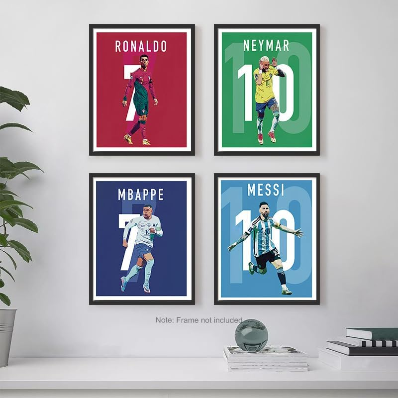 ZIENVE Soccer Canvas Poster Set &ndash; 6 Prints Featuring Messi, Ronaldo, Mbappe & Neymar &ndash; Football Superstars Sports Wall Art Decor for Boys&rsquo; Bedroom &ndash; 20X25Cm Unframed