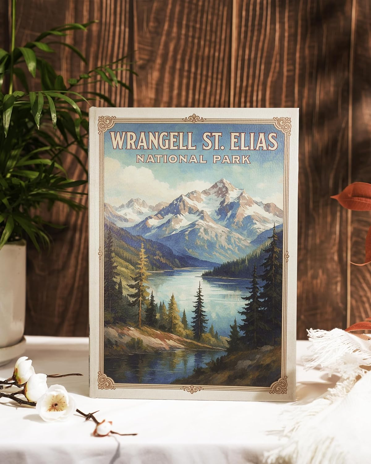 Decorative Wooden Book Box - Vintage Faux Book Boxes with National Park Design, Secret Storage with Magnetic Closure, Leather Cover, Perfect for Home Office Bookshelf (1 X Wrangell St. Elias) image number 1