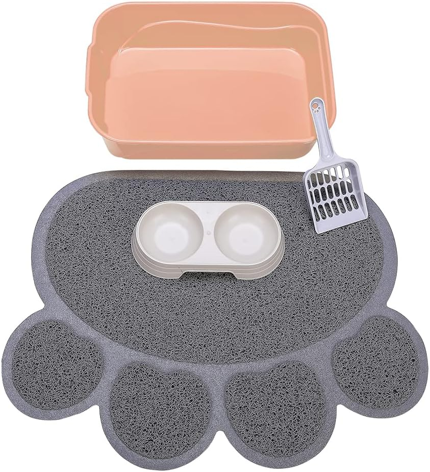 Kitty Litter Box Starter Kit - Small Cat Litter Pan without Lid, Litter Mat, Scoop and Bowl for Kitten within 3 Months (Greyscoop)