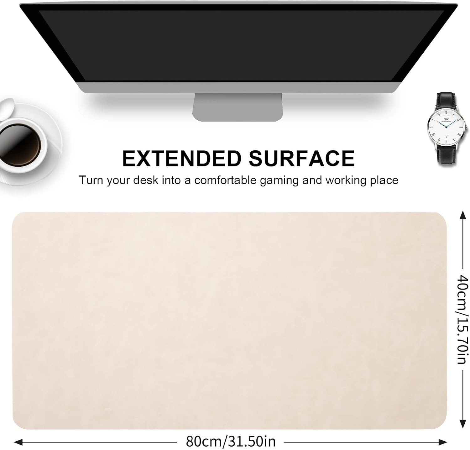 Crazy Horse Leather Desk Mat Large Mouse Pad Laptop Computer Desk Pad Protector Non-Slip Waterproof Table Blotter Desktop Writing Pad for Office and Home (Beige, 80X40Cm) image number 1