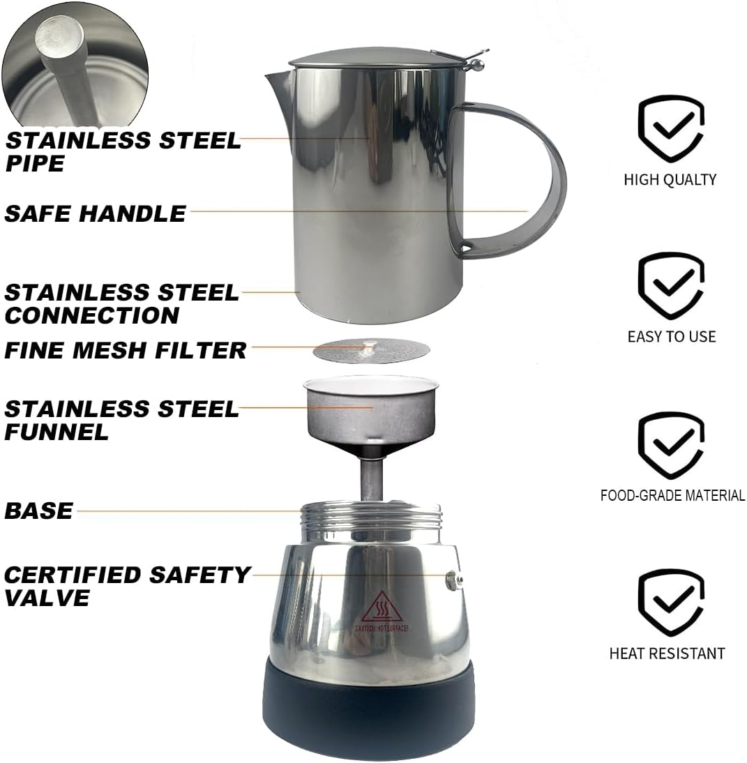 Electric Moka Pot Coffee Maker - 6 Cup (300ML) Stainless Steel Espresso Percolator with Auto Shut-Off, Italian Classic Fast Brewing for Home & Office -Stainless Steel Handle image number 6