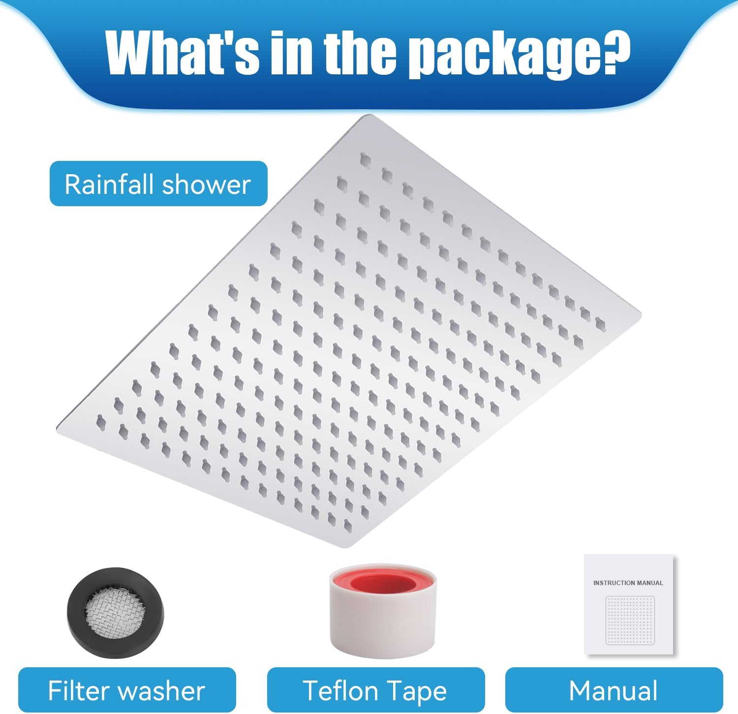 Rain Shower Head - 30Cm(12") Wide High Pressure Square Shower Heads with Silicone Nozzle,2.5 GPM Filter Washer-Waterfall Bathroom Square Showerhead - Ceiling or Wall Mount