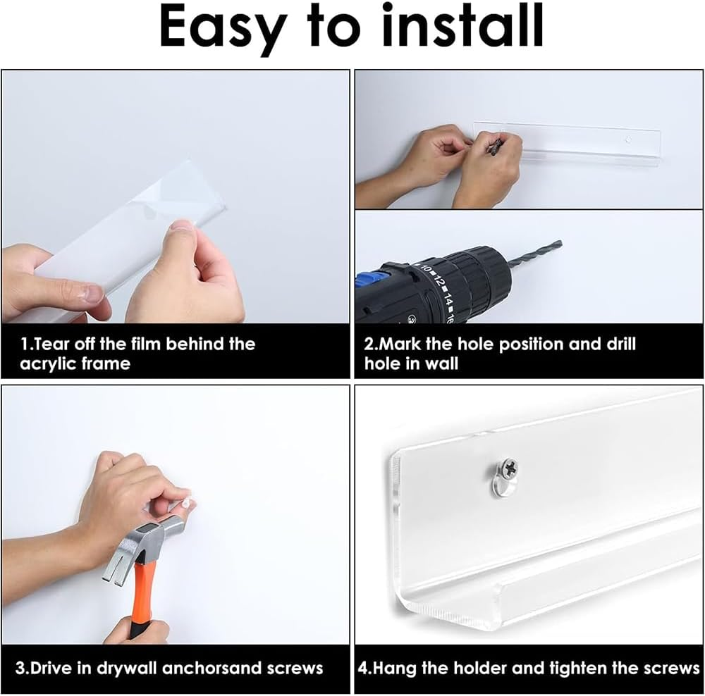 6PCS Vinyl Record Shelf, 12 Inch Vinyl Record Wall Mount Shelf Set, Storage Display Album Record Holder Clear Acrylic Floating Shelves for Wall Decor Album Covers Home Decoration Organization image number 5