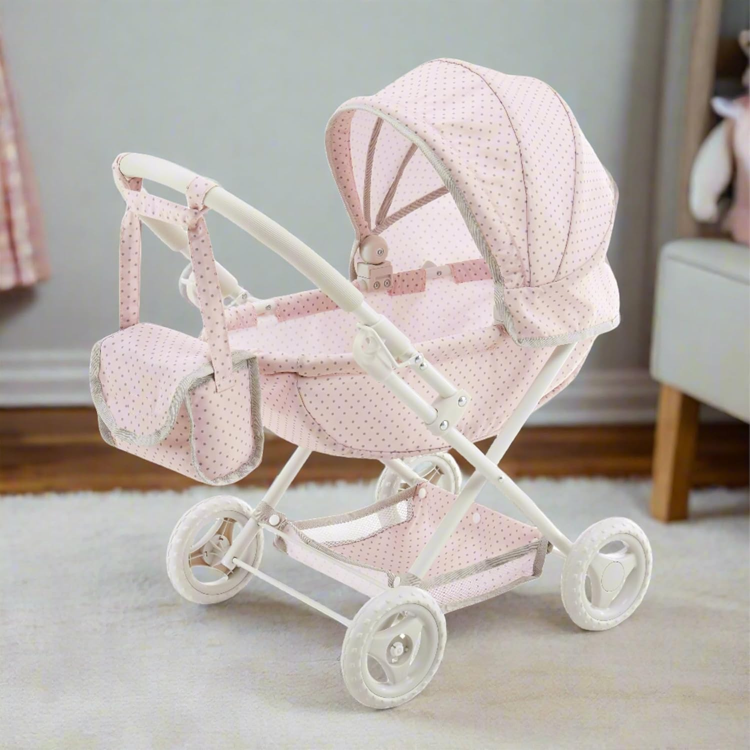 Olivia'S Little World Polka Dot Princess Baby Doll Pram Stroller with Retractable Canopy & Storage, Pink image number 1