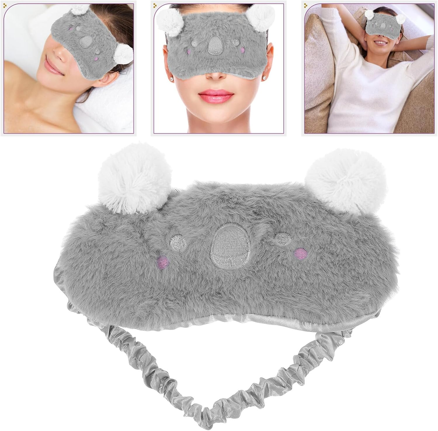 SEWACC Fluffy Cute Koala Eye Mask for Sleep, Breathable Plush Sleeping Mask for Women and Youth, Gray Light Blocking Eye Cover for Travel and Relaxation image number 4