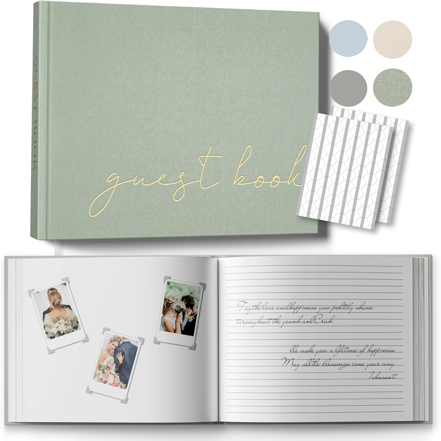 Wedding Guest Book for Memorial Service, Half Blank and Lined Guestbook Alternative with Table Sign, 108 Polaroid Photo Corners Stickers, Baby Shower, 100 Pages - Sage 8X10&rdquo;