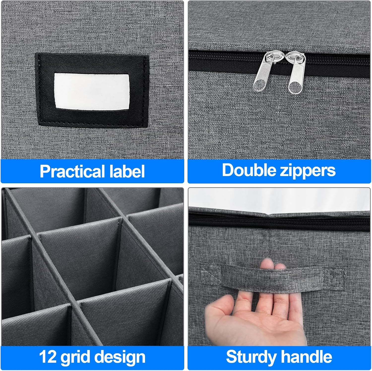 VERONLY Stemware Storage Box - China Storage Containers Holds 12 Wine Glass or Crystal Glassware Case, Stackable with Lable Window and Handles(Grey) image number 2