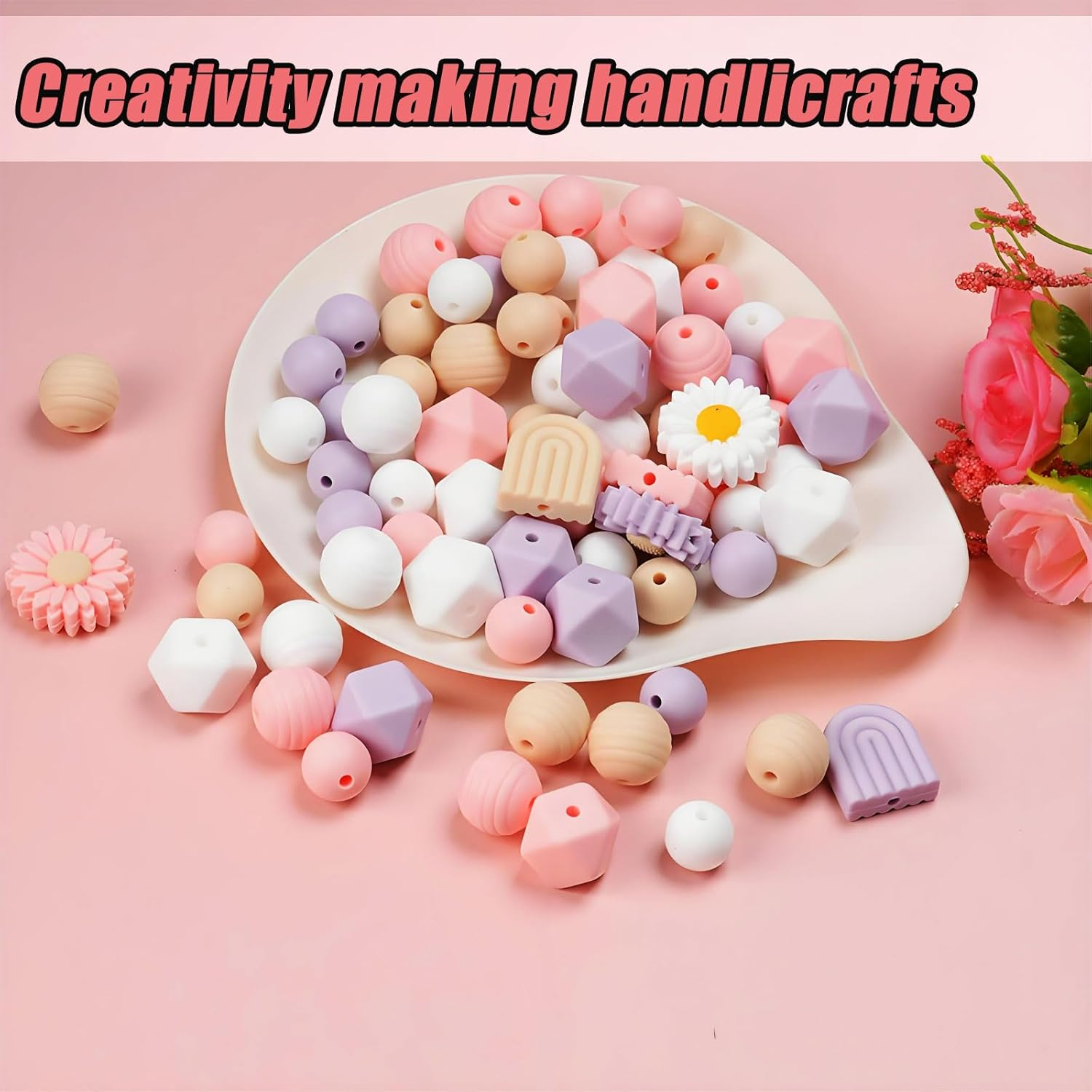 MYTOAU 100Pcs Daisy Silicone Beads, Boho round Daisy Flower Shape Silicone Craft Beads with Nylon Rope for DIY Crafts Jewelry Necklaces Bracelets Keychain Making image number 5