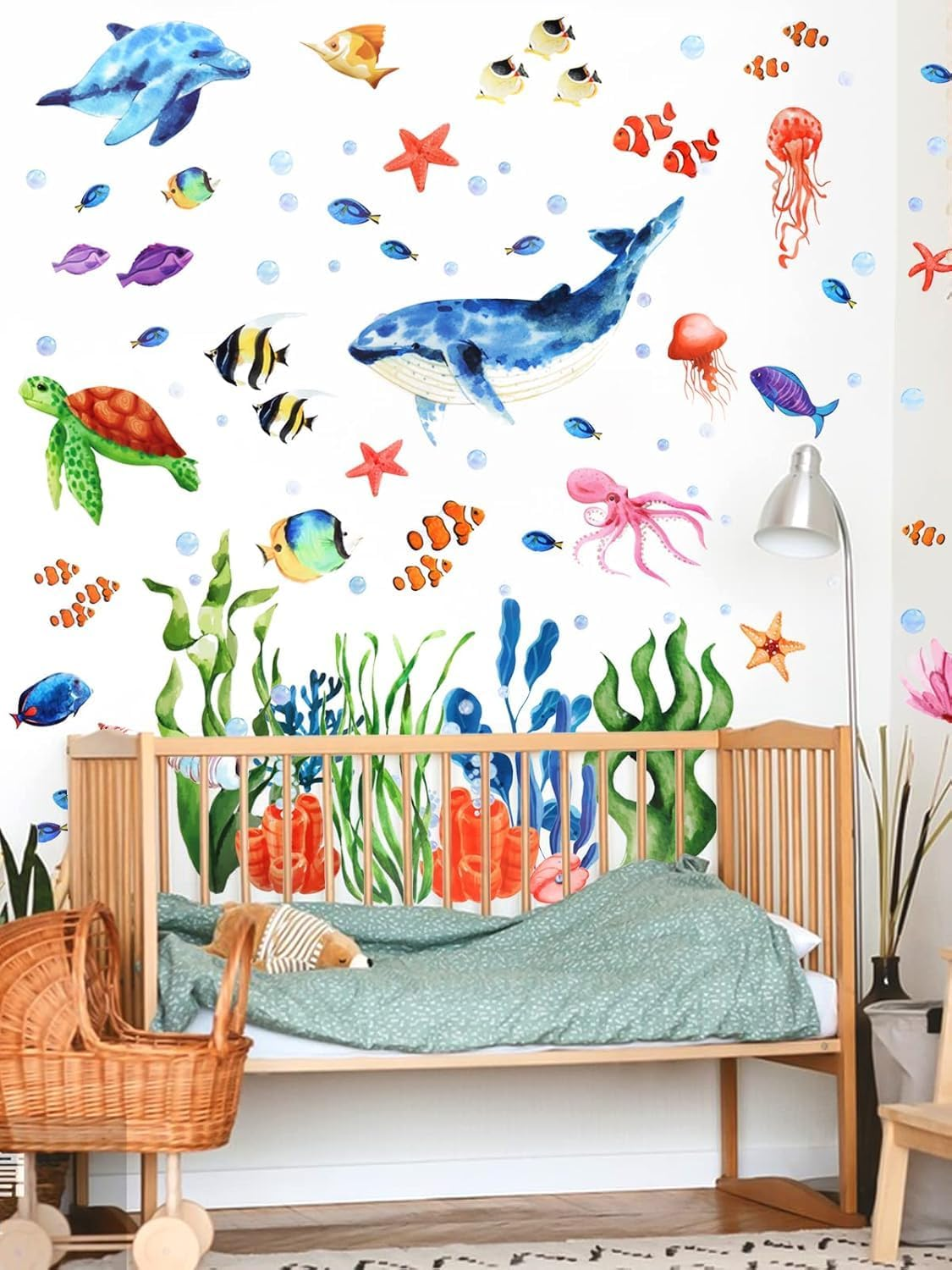 Kalolary under the Sea Wall Decals Sea Turtle Whale Dolphin Starfish Wall Stickers 3D Coral Reef Ocean Grass Bubbles Wall Decals Wall Decoration for Wall Corner Nursery Room Children Bedroom Bathroom image number 2