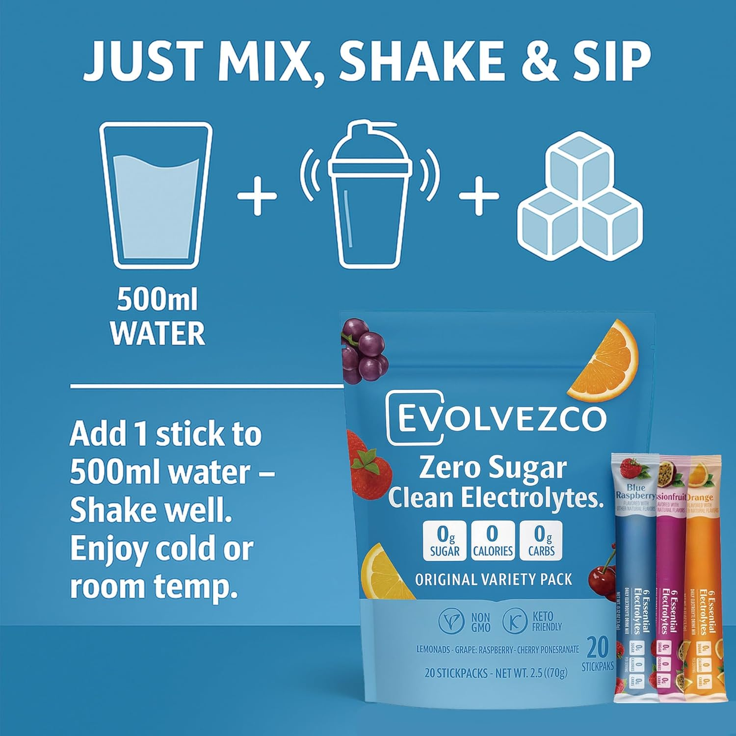 Electrolyte Drink Mix &ndash; Sugar-Free Hydration Powder with 6 Electrolytes + Vitamin C & Zinc &ndash; Vegan &middot; Non-Gmo &middot; Keto-Friendly &ndash; Original Variety Pack (20 Stickpacks)