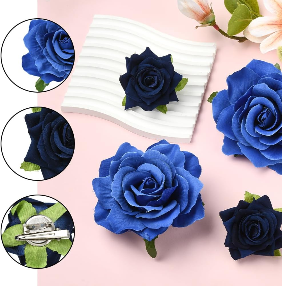 SOFPLATE Pack of 4 Navy Blue Rose Hair Clip 2 in 1 Flower Brooch Fabric Flowers Headwear Hair Pins Hats Bags Clothing Decoration Accessories for Weddings Parties Mother'S Day Fancy Dress Accessories G image number 1