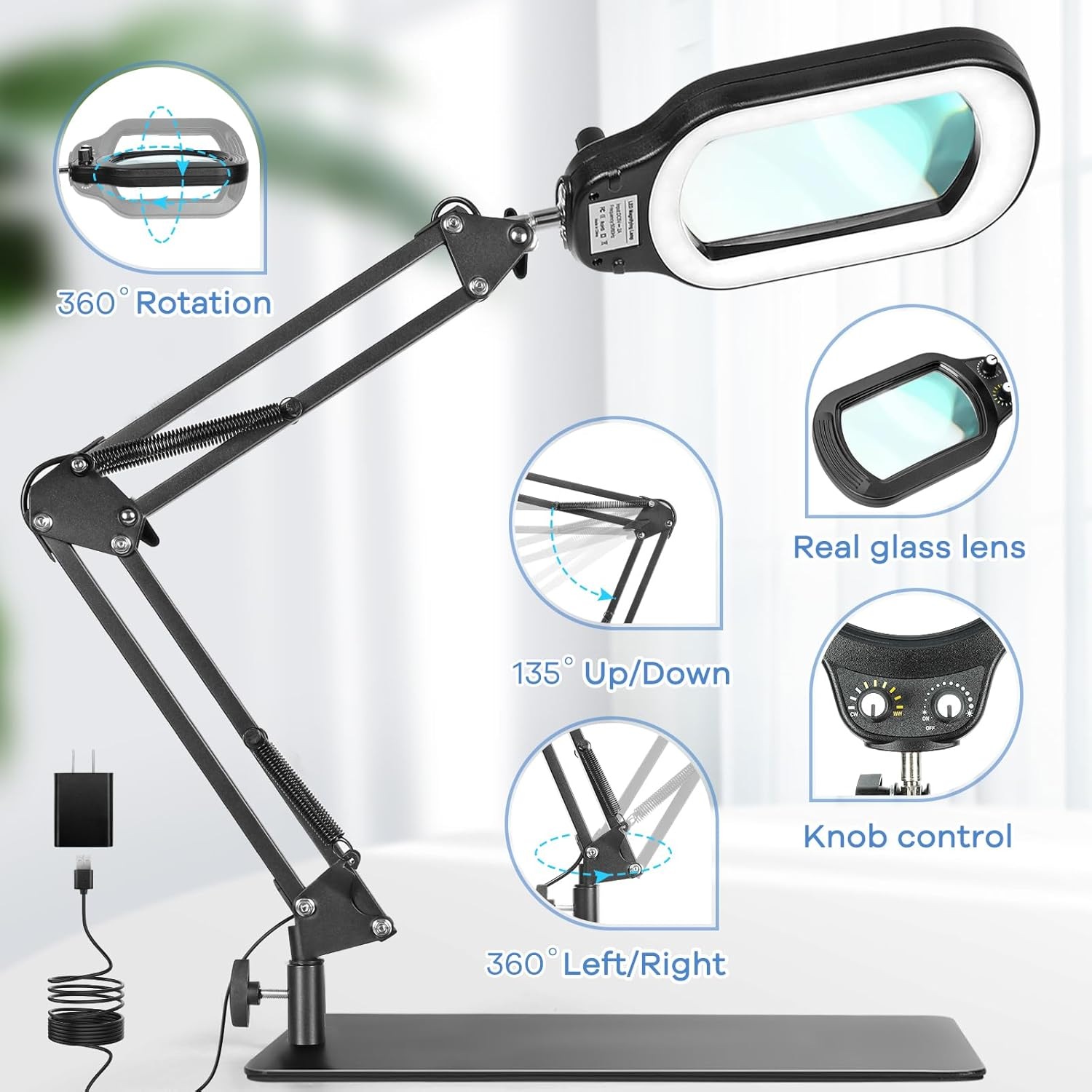 10X Rectangle Magnifying Glass with Light and Stand, Real Glass Lighted Magnifier Hands Free, Mechanical Knob 5 Color Modes Stepless Dimmable, 2-In-1 LED Desk Lamp with Clamp for Reading Hobby image number 2